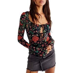 Coquette Renaissance Floral Lace-Up Corset Top Long Sleeve Free People‎ Small